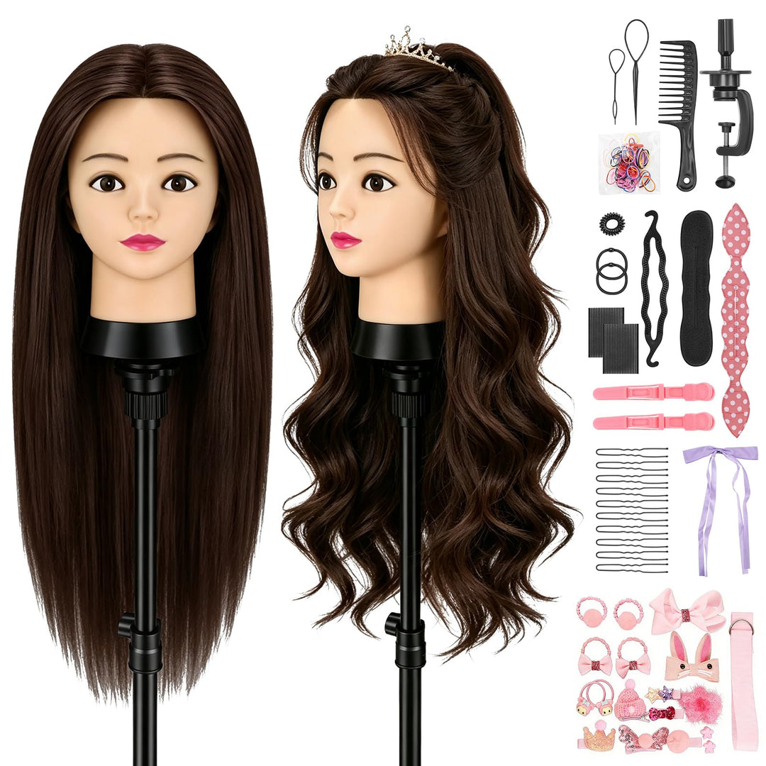 TwoWin 60 cm Trainingsköpfe Friseur, 24 Zoll Frisierkopf mit 80% Echthaar Rotbraun, Rotbraun