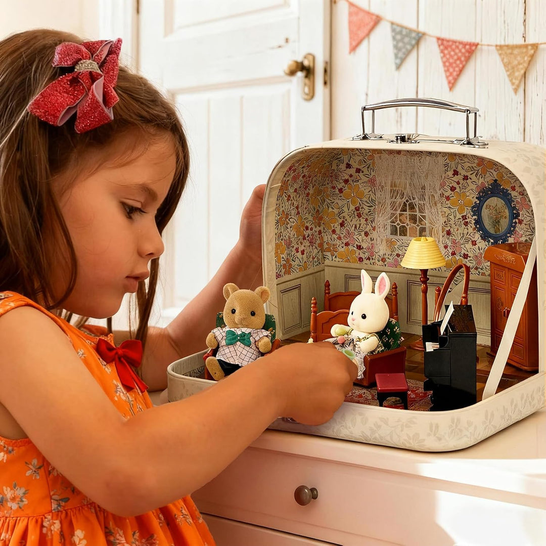 Koffer Dollhouse Tragbares Puppenhaus Möbel Zubehör DIY Miniatur Haus mit 2 Flexible Puppen, Klavier