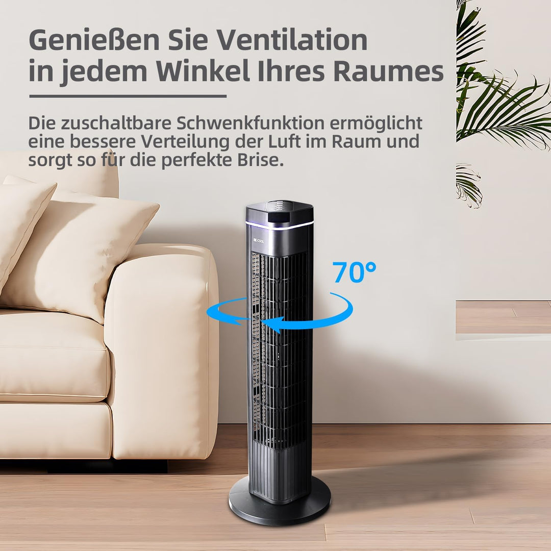 Be Cool Turmventilator 73cm mit Fernbedienung BC29STTFD – 73 cm, 50 Watt, 3 Windmodi, 8 Std. Timer,