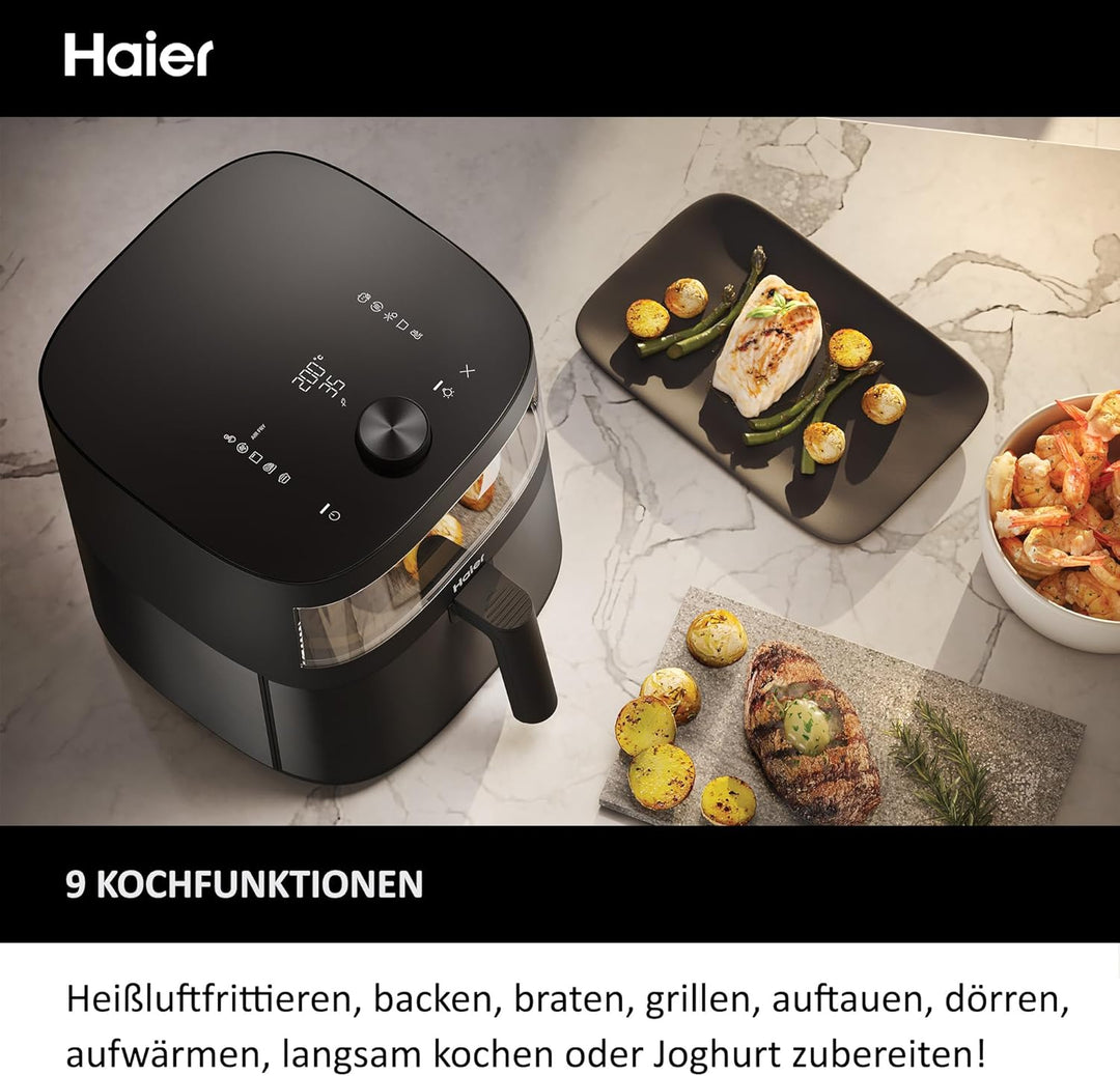 Haier Heissluftfritteuse mit Glasfenster I Airfryer mit 9 Programmen & 7 Liter Fassungsvermögen I 17