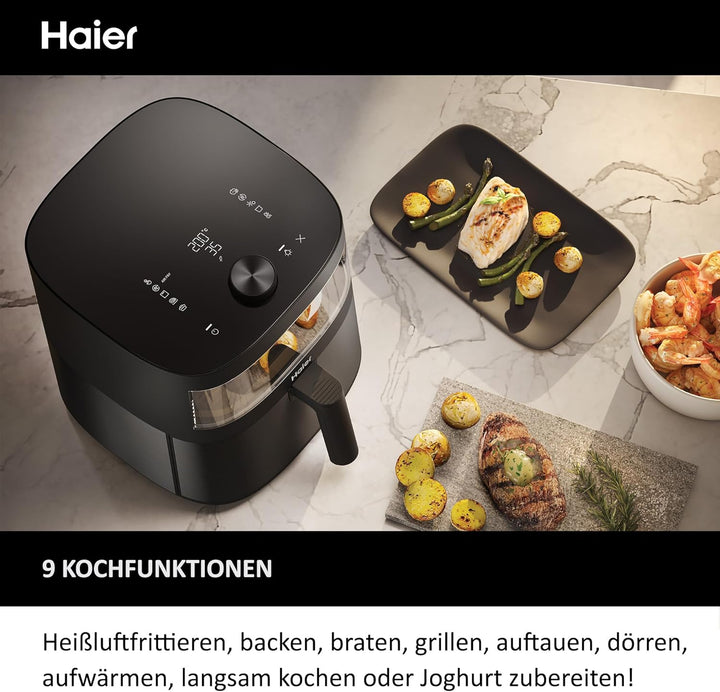 Haier Heissluftfritteuse mit Glasfenster I Airfryer mit 9 Programmen & 7 Liter Fassungsvermögen I 17