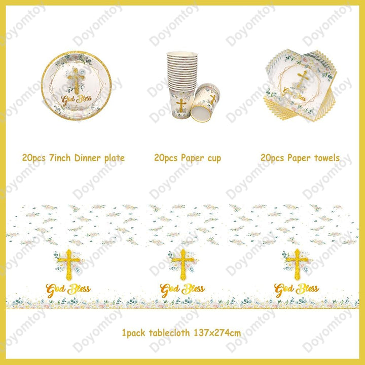 Doyomtoy Baby Shower Geburtstag Deko, God Bless Partygeschirr Blumen Kommunion Taufe Tassen Serviett