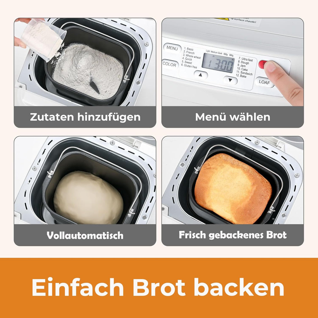 Kitchen in the box Brotbackautomat mit 12-in-1 Programmen, 2 Brotgrössen, 900g, Brotbackmaschine mit