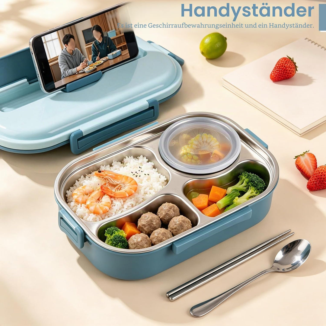 Tissting Edelstahl Lunchbox 4-Fach Tragbarer Lebensmittelbehälter mit Silikondichtung 1500ml für Stu