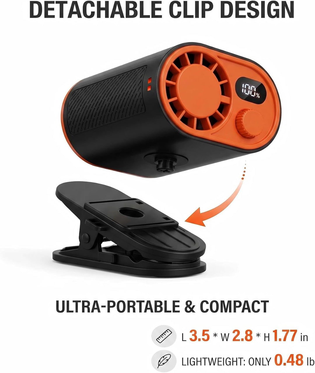 WHATOOK Tragbarer Gürtelventilator: 1-100 Stufenlose Geschwindigkeitsregelung Clip Fan mit 360° Dreh