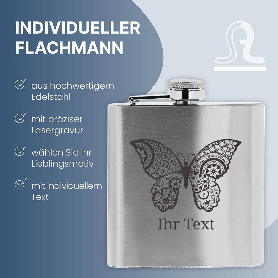 personalisierbarer Flachmann aus Edelstahl mit Name – Stern Zentangle – Taschenflasche mit Wunschgra