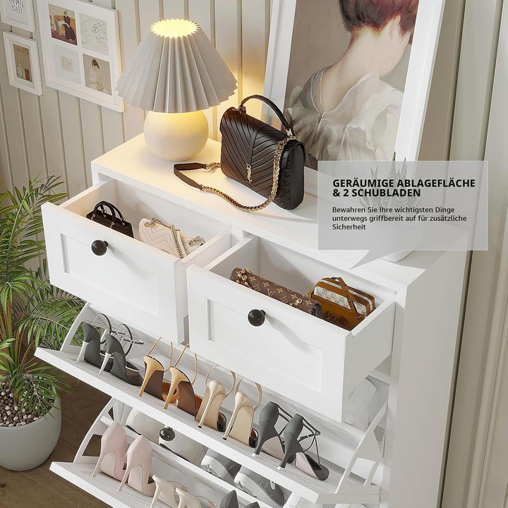 VOWNER Schuhschrank mit 2 Klappfächer, Schuhregal Schuhkipper Schmal, mit 4 Fächern, Schuhschrank We