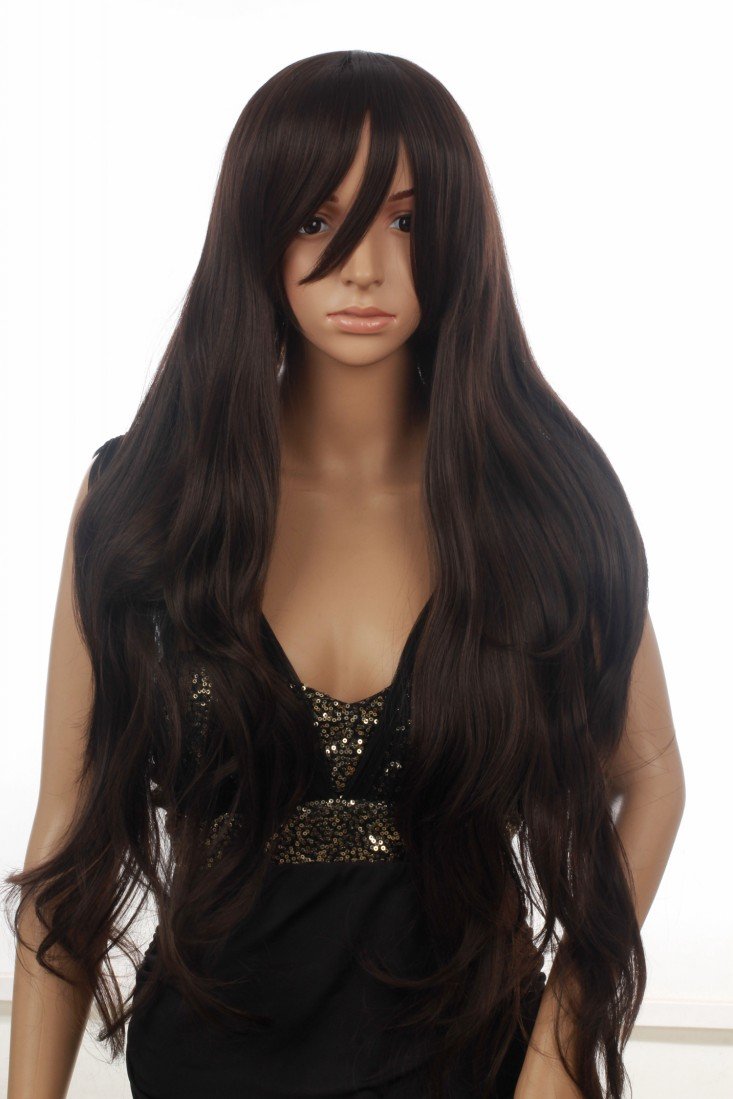 Prettyland Damen Schwarz Braun Extra lange Perücke Glatt Gewellt Welle Gestuft mit Pony C256