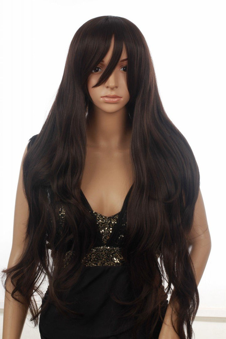 Prettyland Damen Schwarz Braun Extra lange Perücke Glatt Gewellt Welle Gestuft mit Pony C256