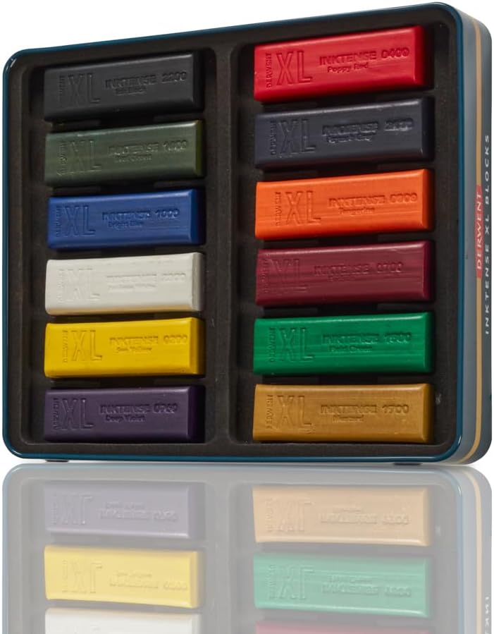 Derwent Inktense XL Farbblock, 12er-Set Malstifte, 60 mm, extrabreite Farbstifte, wasserlöslich, ide