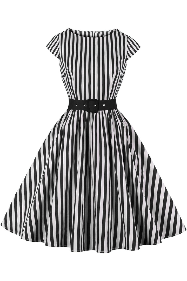 AXOE Damen Rockabilly Kleider 50er Jahre Baumwolle Gürtel XL Gestreift Schwarz, XL Gestreift Schwarz