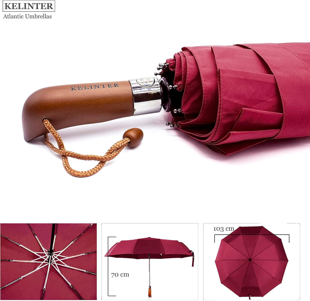 Regenschirm mit Holzgriff, Winddicht, zusammenklappbar, mit automatischem Öffnen und Schliessen, Tef