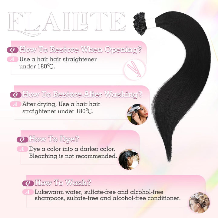 Elailite Bonding Extensions Echthaar Schwarz 25 Strähnen 25g Haarverlängerung Glatt U Tip Keratin Ha