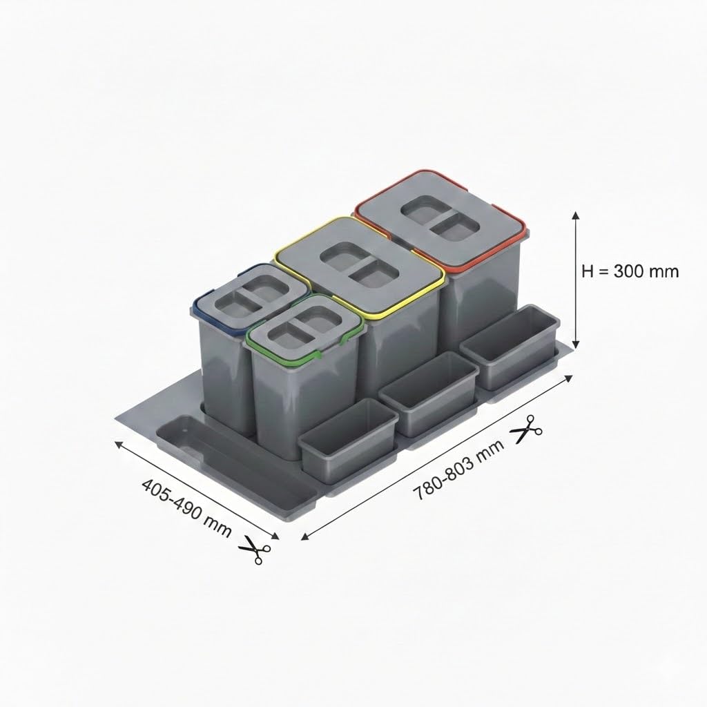 Mülltrennsystem Küche für 90 cm Schrank 4-fach 80,3x49x30 cm (2x 15L + 2x 7L) mit Deckel Einbau Abfa