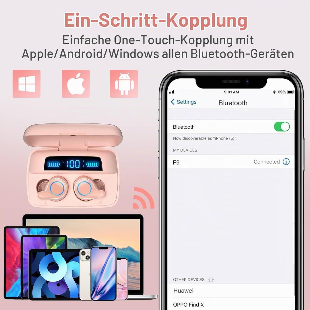 Kopfhörer Kabellos, Bluetooth 5.0 in-Ear Kopfhörer mit Mikrofon 156H Spielzeit mit USB-C LCD Ladekof