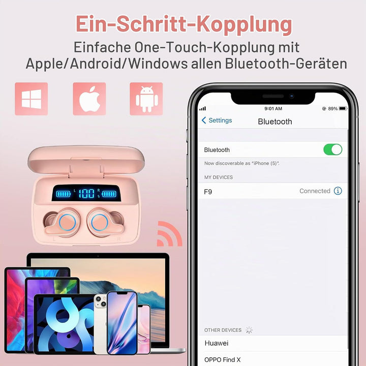 Kopfhörer Kabellos, Bluetooth 5.0 in-Ear Kopfhörer mit Mikrofon 156H Spielzeit mit USB-C LCD Ladekof