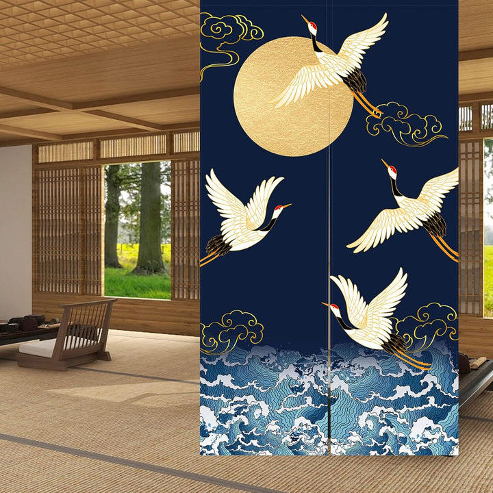 LIGICKY Japanischer Stil dick Leinen Noren Lang Vorhänge White Crane Meereswellen und Mond Türvorhan