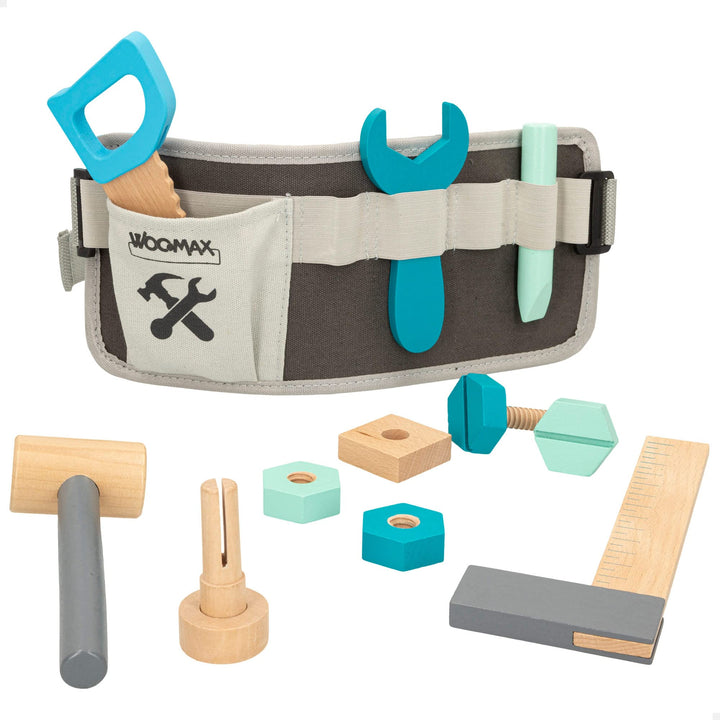 WOOMAX 49304 Werkzeuggürtel für Kinder, inklusive 12 Teilen, Kinderspielzeug aus Holz, Arbeit und Ba