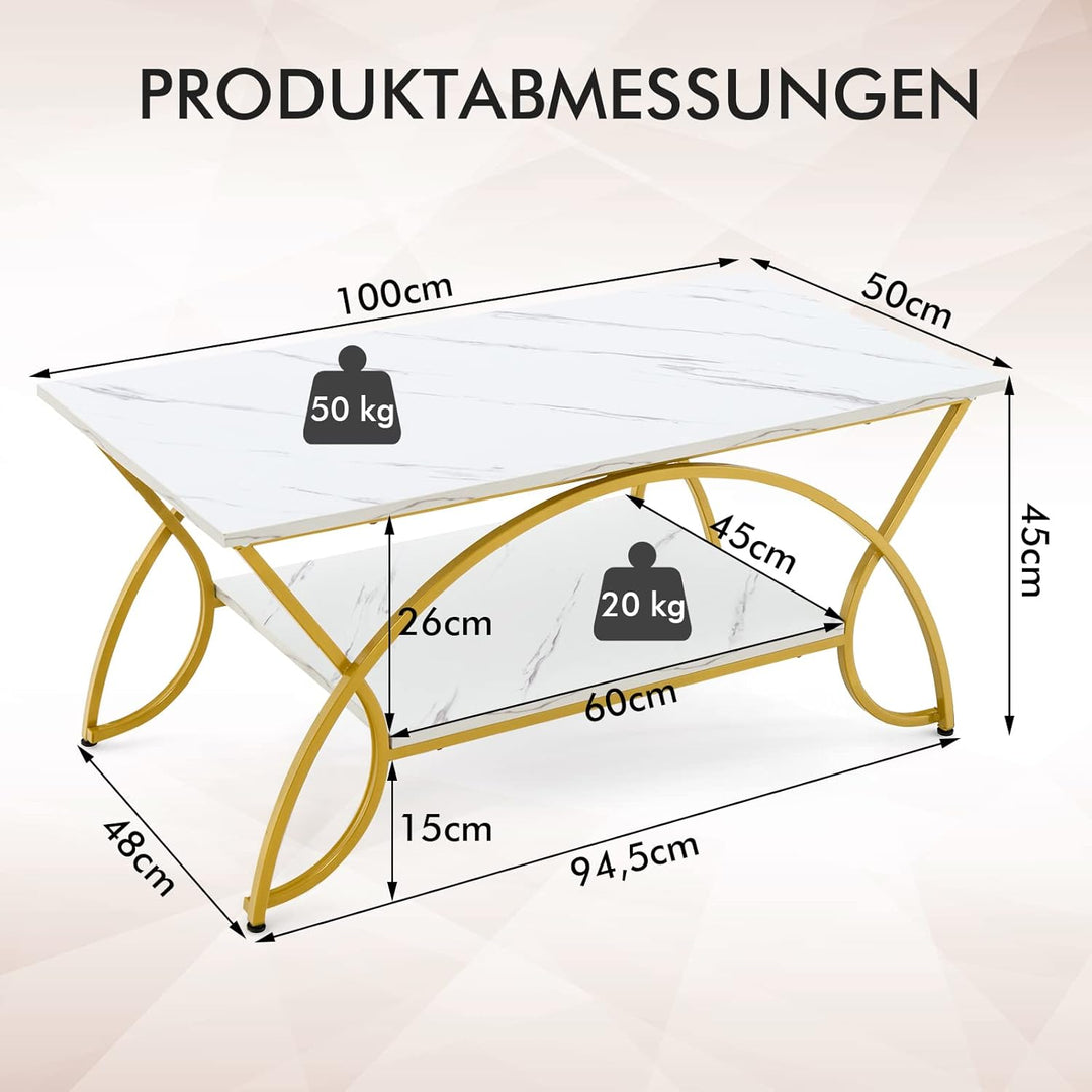 COSTWAY Couchtisch Marmor Optik, Kaffeetisch mit Ablage und Metallgestell, Wohnzimmertisch, Beistell