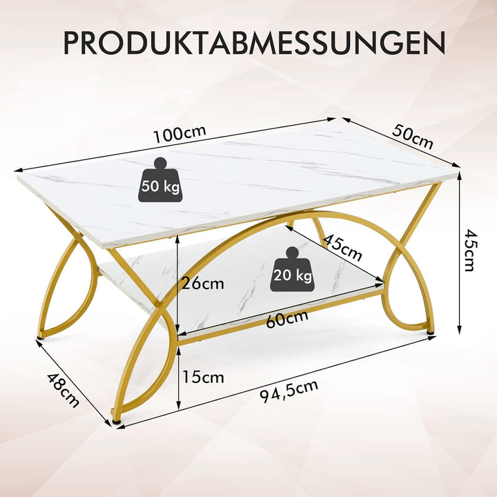 COSTWAY Couchtisch Marmor Optik, Kaffeetisch mit Ablage und Metallgestell, Wohnzimmertisch, Beistell