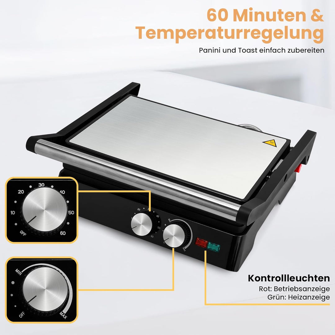 Pukomc Kontaktgrill, 1800W Contact Grill Plattengriller mit Antihaftbeschichtung, 60 Minuten Timer,