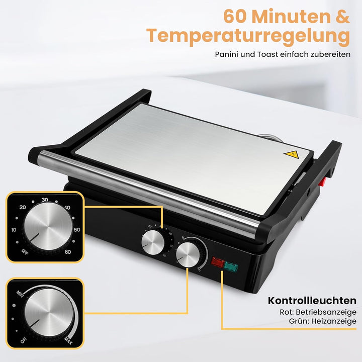 Pukomc Kontaktgrill, 1800W Contact Grill Plattengriller mit Antihaftbeschichtung, 60 Minuten Timer,