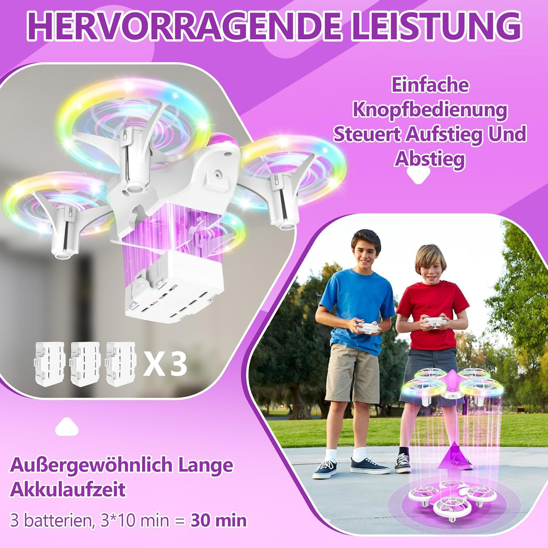 Mini Drohne für Kinder Spielzeug ab 6+ Jahre, Mini Drone Set mit 7 LED Lichteffekte, 3 Akkus, Indoor