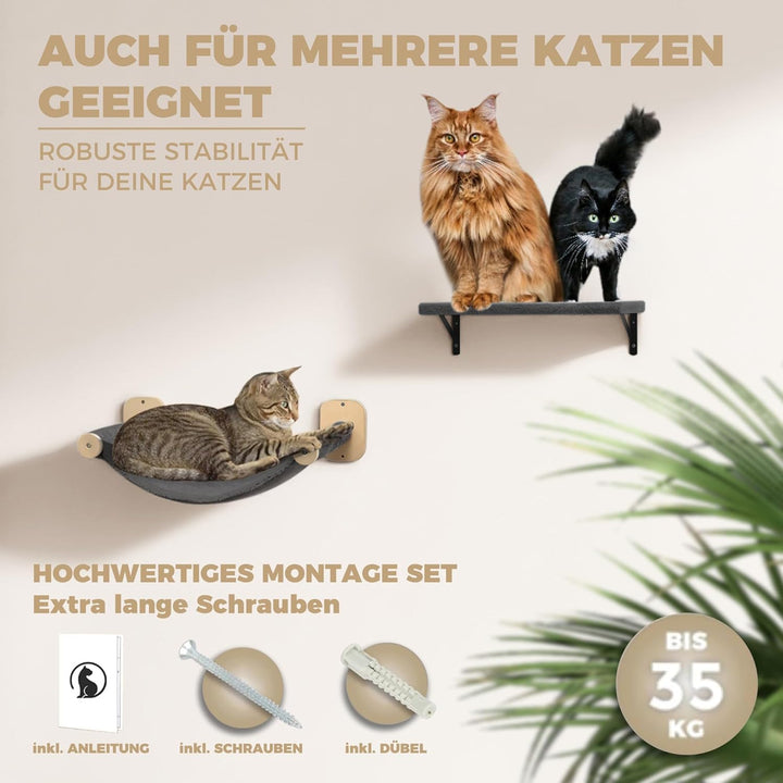 WOOWOOD® Kletterwand Katzen Set inkl. Katzentreppe Wand I Kratzbaum Wand I Hängematte Katze I Wandkr