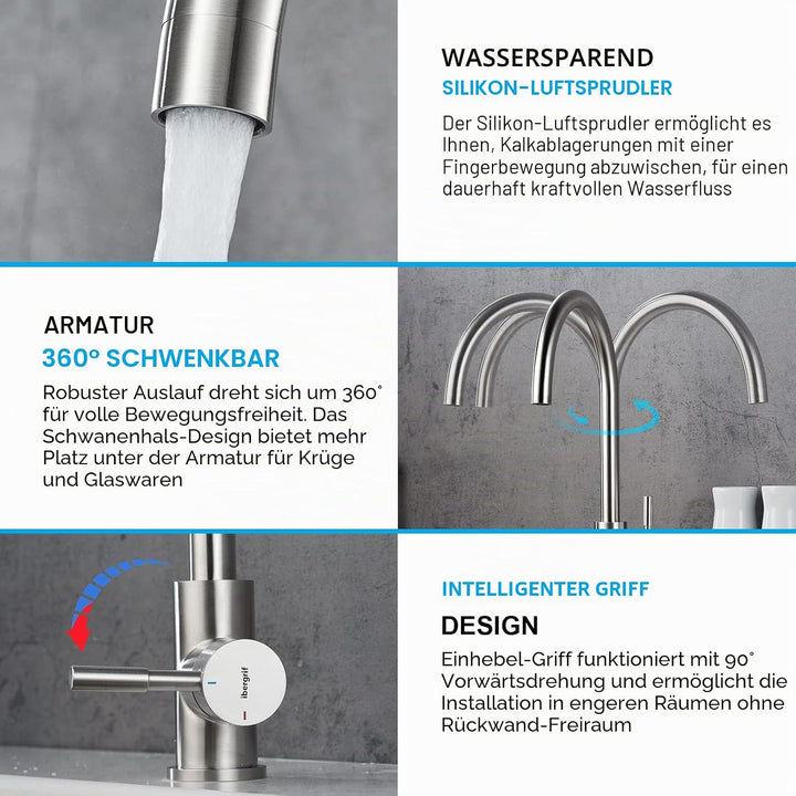 Ibergrif M22110, Edelstahl Küchenarmatur, Einhebel Wasserhahn für Küche mit hoher Auslauf 271 mm, Ma