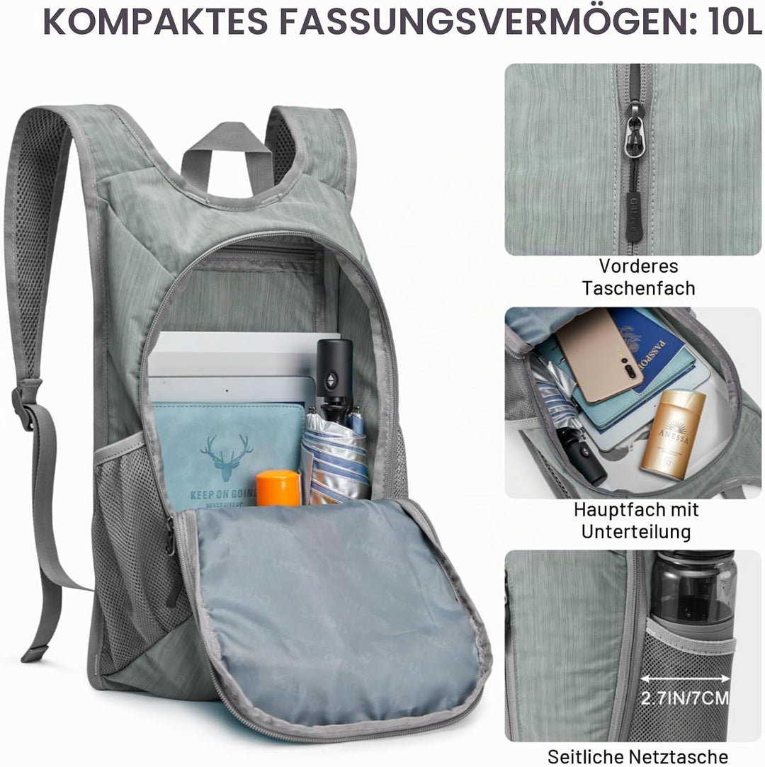 G4Free Wanderrucksack, 10 l, klein, für Reisen, Wandern, Tagesrucksack, leicht, verstaubar Grau 10L,