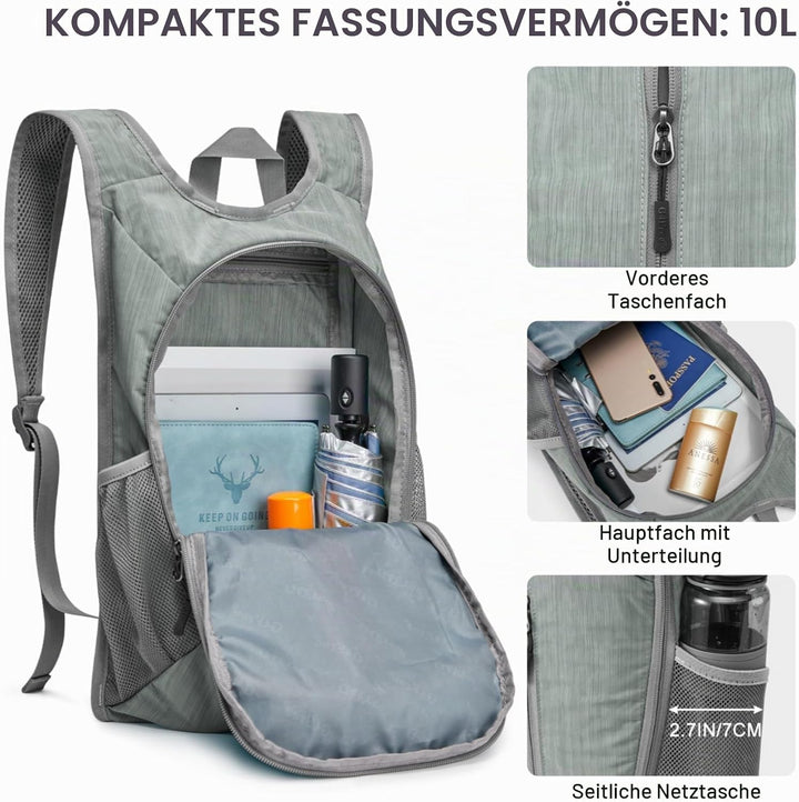 G4Free Wanderrucksack, 10 l, klein, für Reisen, Wandern, Tagesrucksack, leicht, verstaubar Grau 10L,