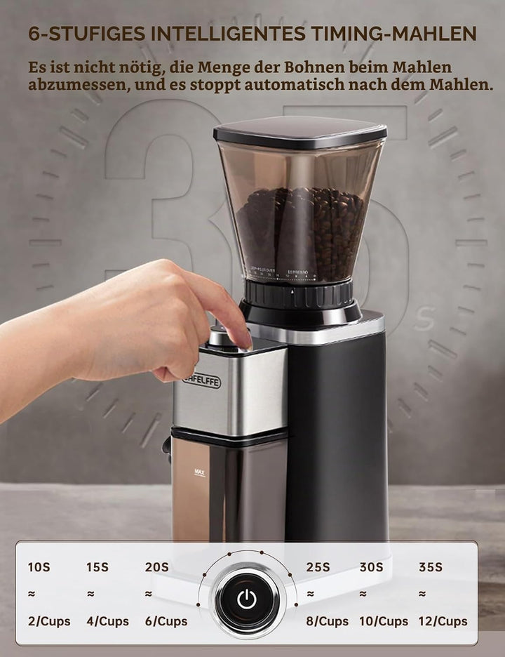 CAFELFFE Elektrische Kaffeemühle für Siebträger und Behälter, 48 einstellbare Mahlstufen mit Antista