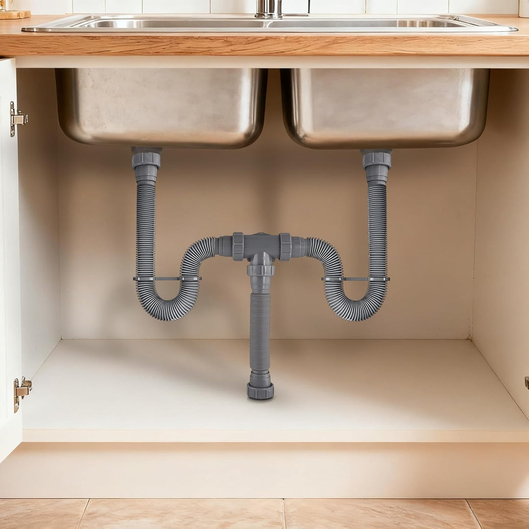 Verstellbares Doppel-Ablauf-Set, flexibles Abflussrohr, mit P-Trap-Design und Silikondichtungen für