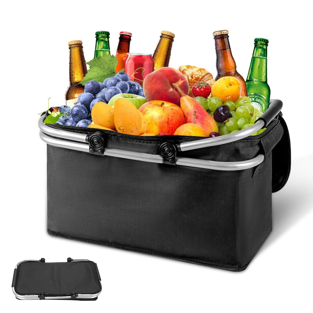 Einkaufskorb Faltbar, 30L Kühlkorb mit Deckel, Thermo Korb Einkaufen mit Klapprahmen aus Aluminiumle