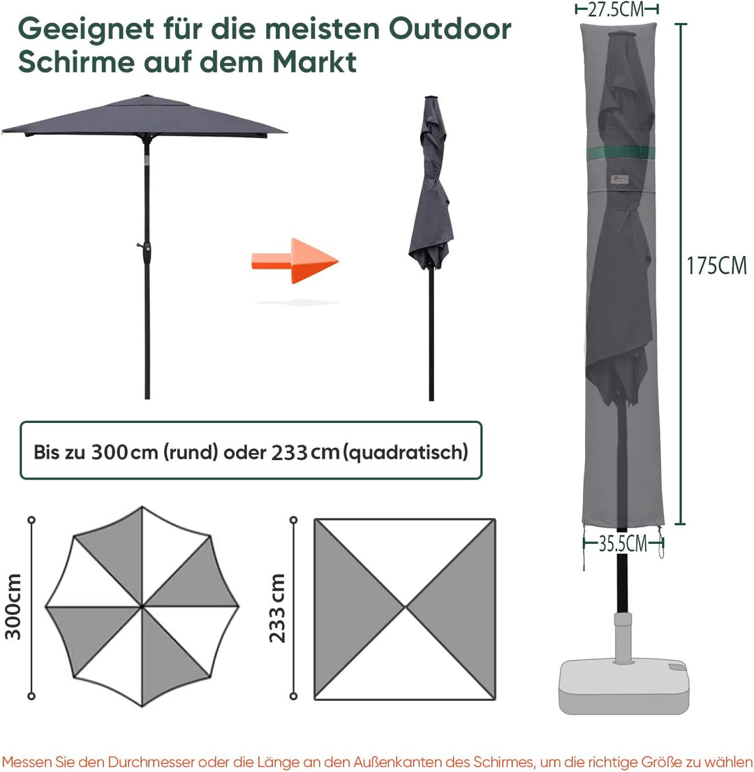 Sekey Sonnenschirm Schutzhülle mit Stab, Abdeckhauben für Ø 300 cm Gartenschirm mit Belüftungsöffnun