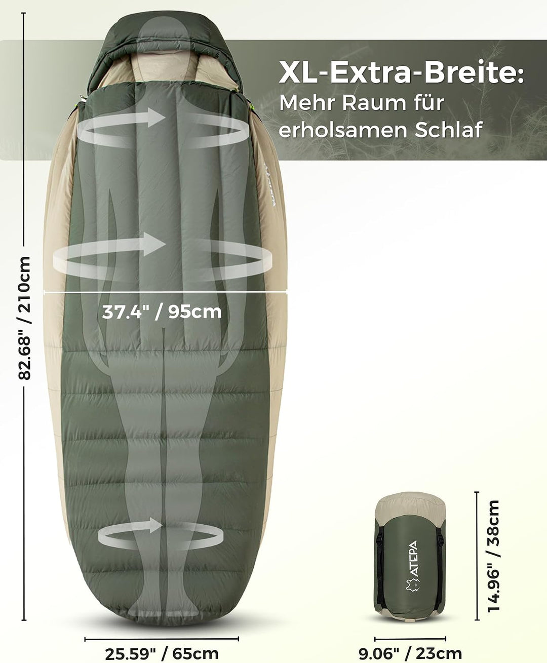 ATEPA Premium RDS Daunen Schlafsack ISO-Zertifiziert, 700FP Entendaune Extra Breit für Kaltes Wetter