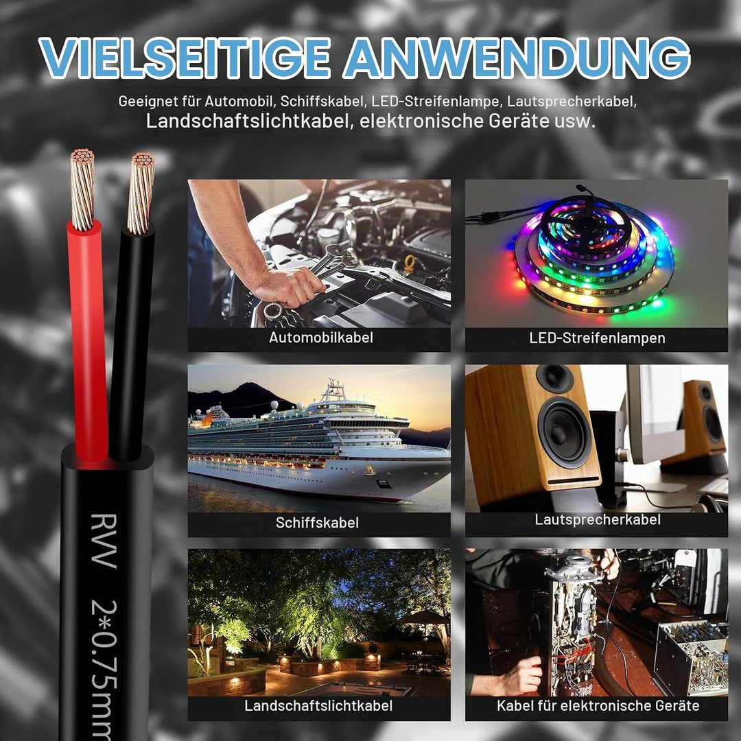 2 Adriges Flach Fahrzeugleitung Kabel 10m, 12V 24V 2 Adriges Anhängerkabel LED-Rücklichter Verkabelu