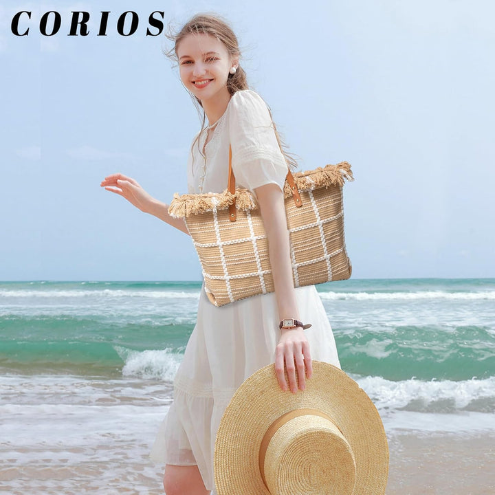 CORIOS Damen Canvas Handtasche Sommer Strand Tasche Grosse Schultertasche Böhmische Tote Beutel Bunt