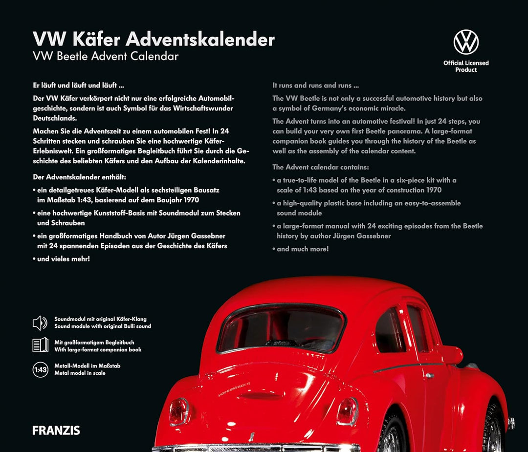FRANZIS 55255 - VW Käfer Adventskalender rot, Metall Modellbausatz im Massstab 1:43, inkl. Soundmodu