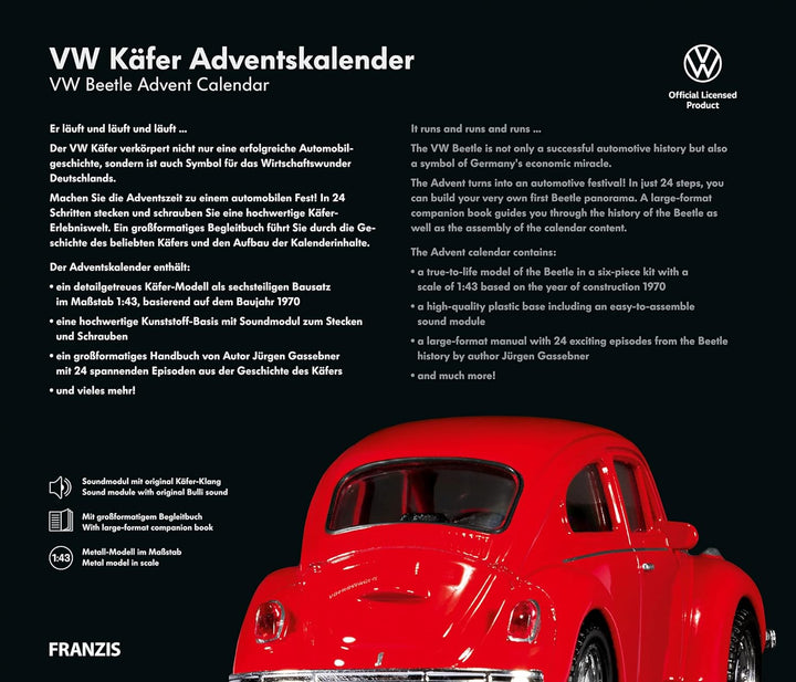 FRANZIS 55255 - VW Käfer Adventskalender rot, Metall Modellbausatz im Massstab 1:43, inkl. Soundmodu