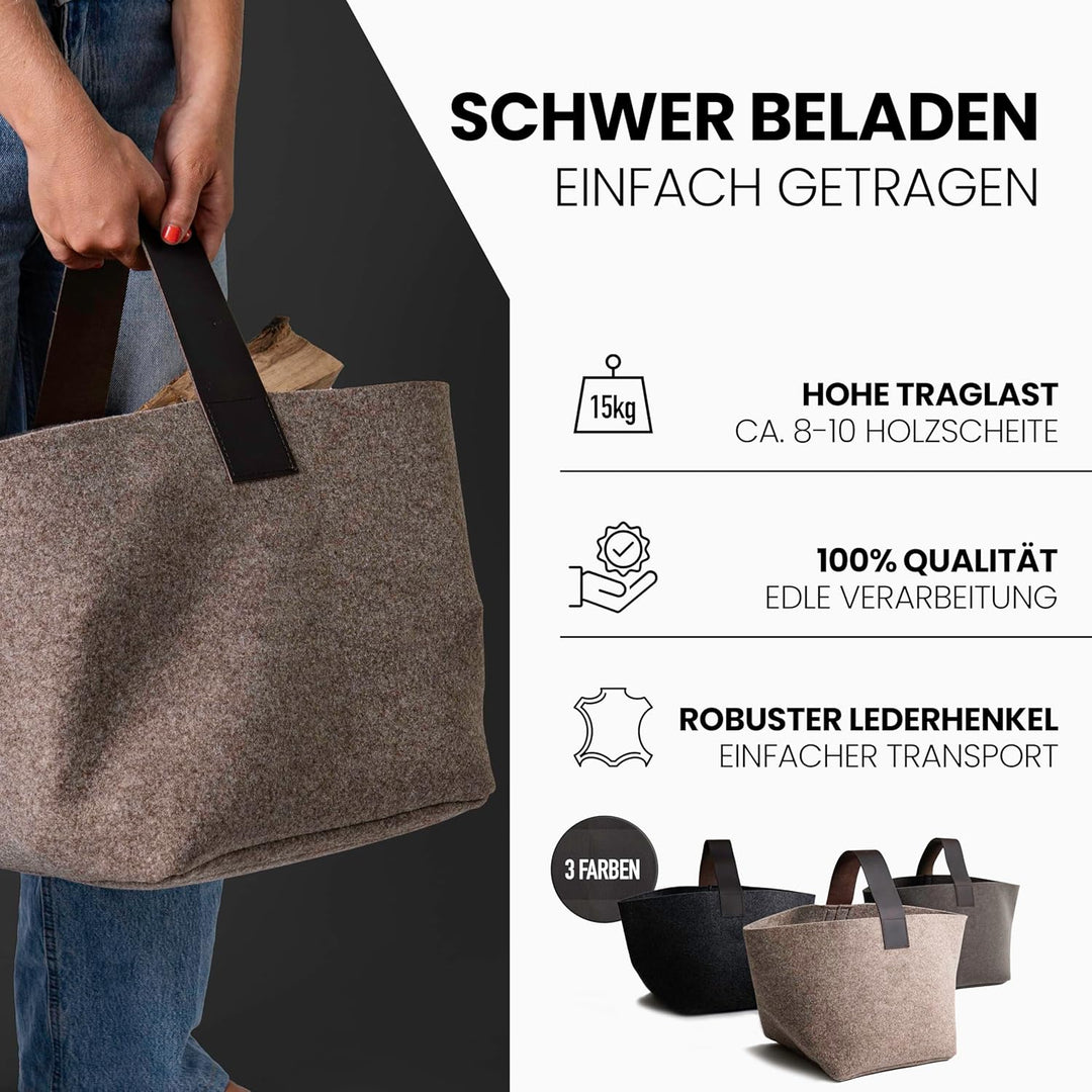 Designer Kaminholzkorb Filz [40L] - Made in Germany Holzkorb für Kaminholz aus Wollfilz mit Echtlede