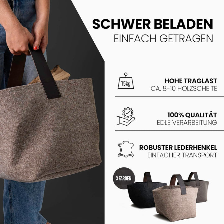 Designer Kaminholzkorb Filz [40L] - Made in Germany Holzkorb für Kaminholz aus Wollfilz mit Echtlede
