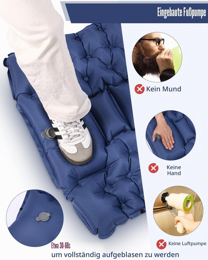 Isomatte Selbstaufblasend, 10cm Dicke Luftmatratze Camping mit Fusspressepumpe und Kissen, Anti-Rips