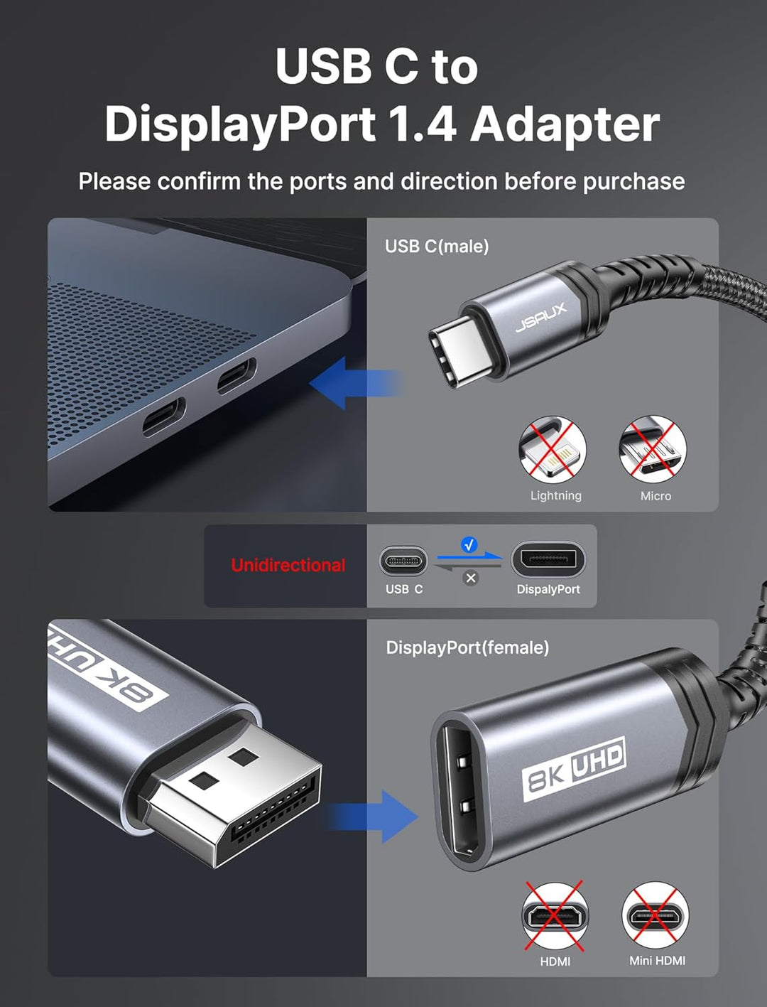JSAUX USB C DisplayPort Adapter DP1.4 [8K@60Hz, 4K@144Hz 120Hz, 2K@240Hz] Dynamic HDR, 3D Thunderbol