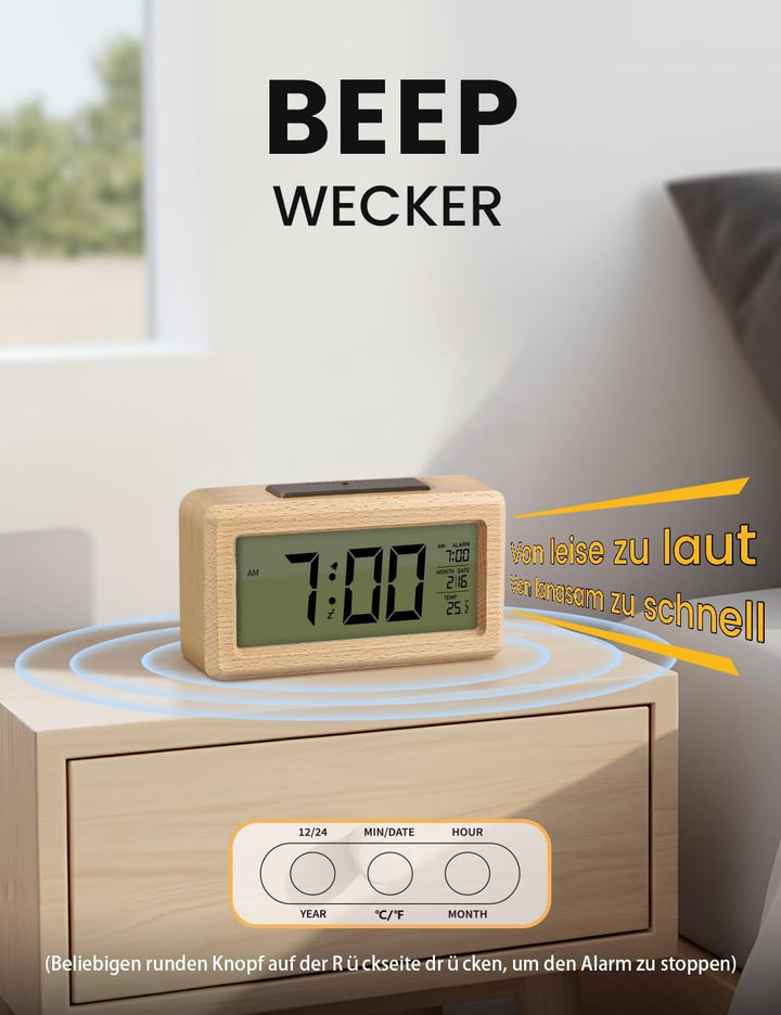aboveClock Wecker Digital, Holz mit Sensore Moduls, Tischuhr mit Grosser Anzeige, Datum, Teperatur A
