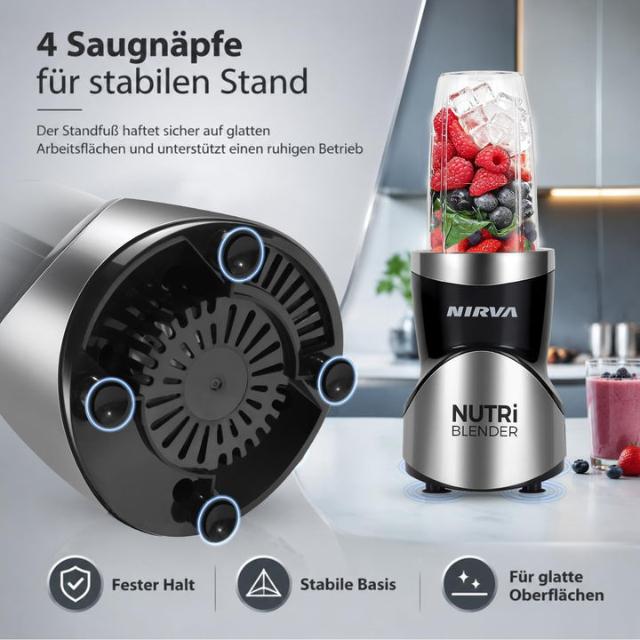 Nirva 4 in 1 Mini Mixer, Smoothie Maker mit 4 Tragbare, Mixbechern Zweiblatt und Vierblatt Edelstahl