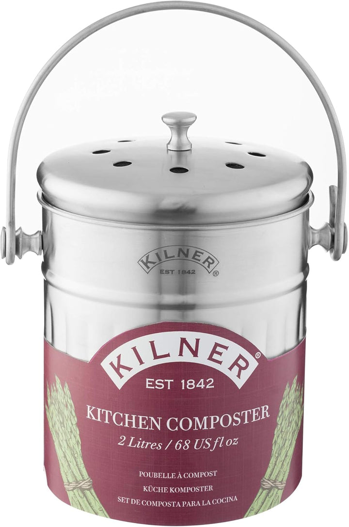 Kilner Küchen Komposter Edelstahl | 2 Liter Biomülleimer Küche | 17,5x14,5x20 cm | Deckel mit Luftlö