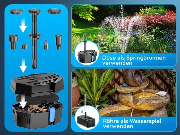 Biling 8W Teichfilter Solar mit Akku und 10 Düsen Solar Teichpumpe mit Filter für klare Teiche bis 5