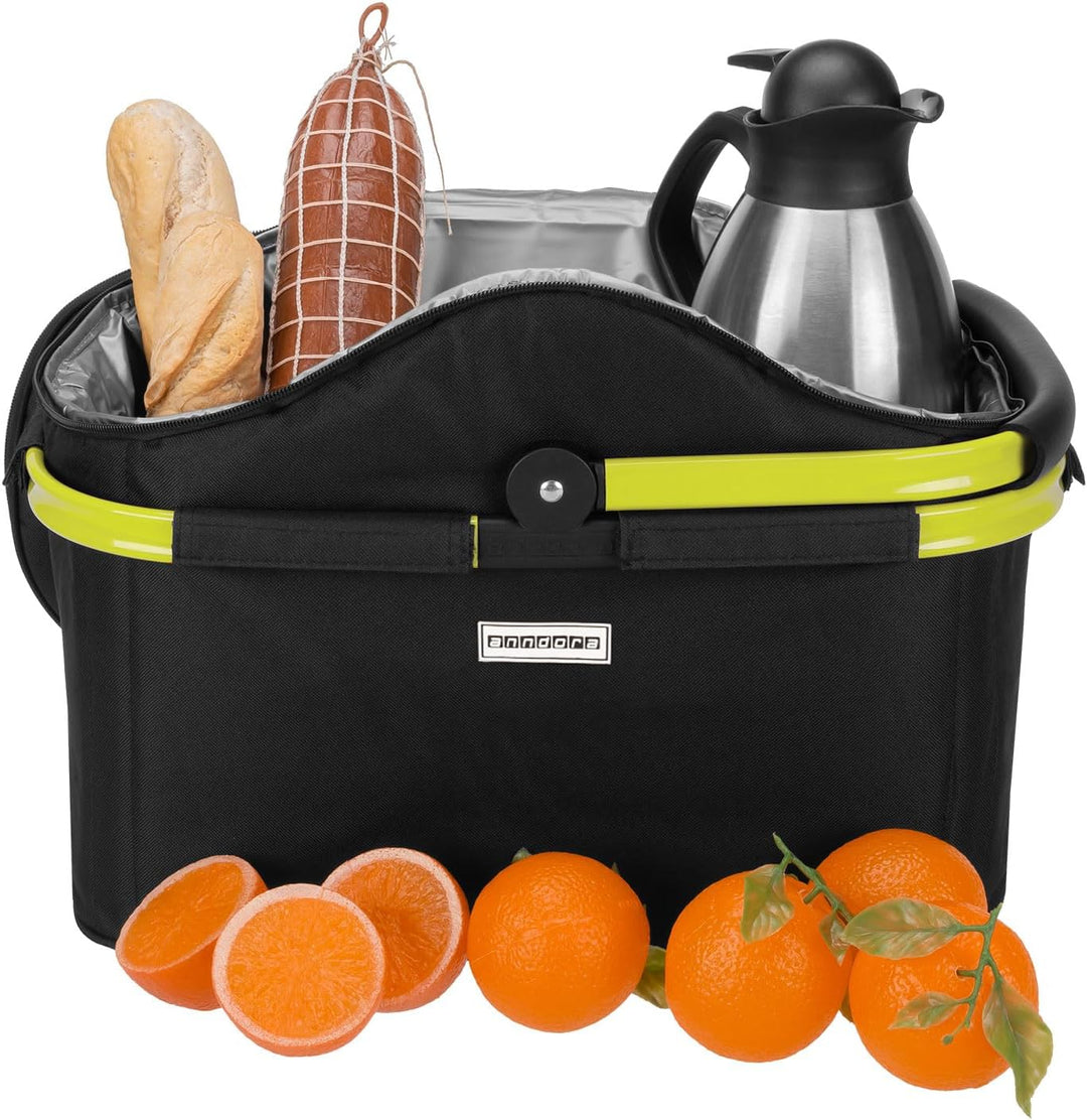 anndora Einkaufskorb 25 Liter ISO Picknick Kühlkorb Schwarz - Rahmen Limette Iso: Schwarz Rahmen Lim
