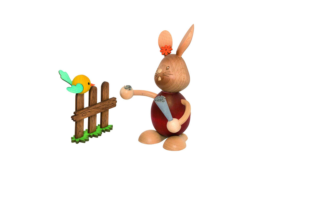 Drechslerei Kuhnert - Osterdekoration / Osterhase - Stupsi Hase mit Vogel - 12cm - aus Holz - Made i